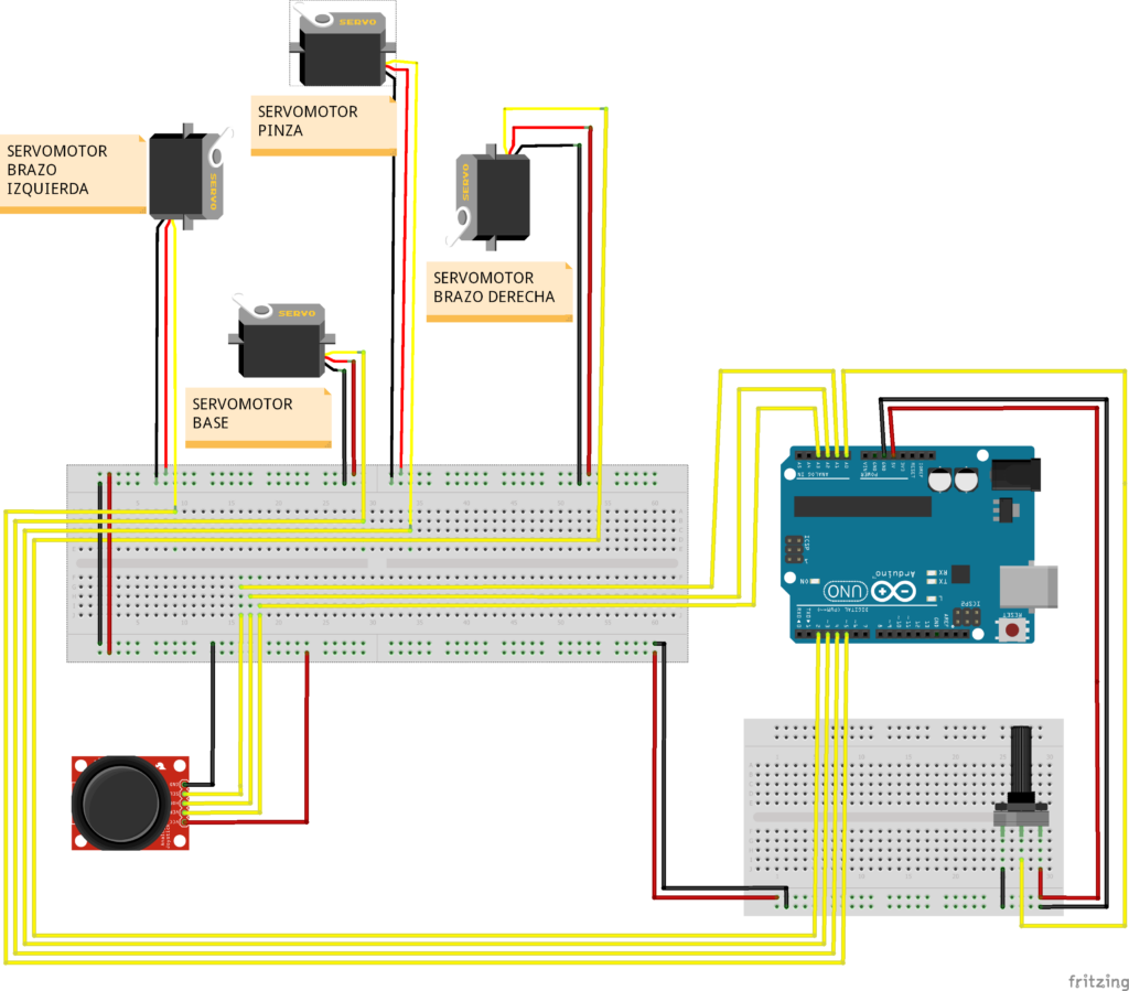 Ejemplo de conexiones entre Arduino, servomotores, joystick y potenciómetro