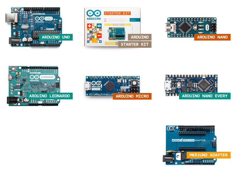 Diferentes modelos de placas Arduino: Arduino UNO, Arduino STARTER KIT, Arduino NANO, Arduino LEONARDO, Arduino MICRO, Arduino NANO EVERY, MKR2UNO Adapter